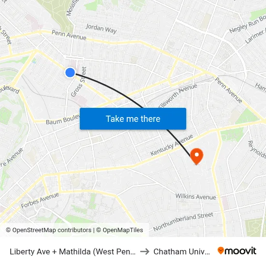 Liberty Ave + Mathilda (West Penn Hosp) to Chatham University map