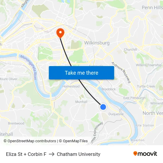 Eliza St + Corbin F to Chatham University map