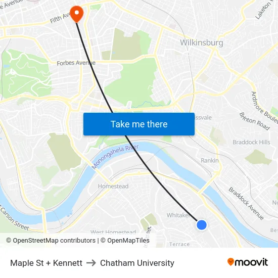 Maple St + Kennett to Chatham University map