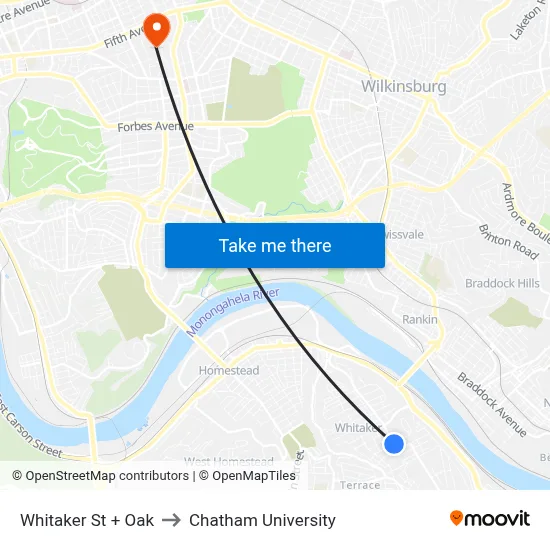 Whitaker St + Oak to Chatham University map