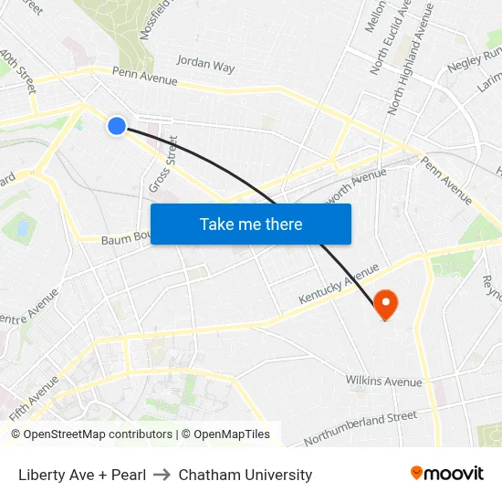 Liberty Ave + Pearl to Chatham University map