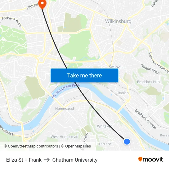 Eliza St + Frank to Chatham University map