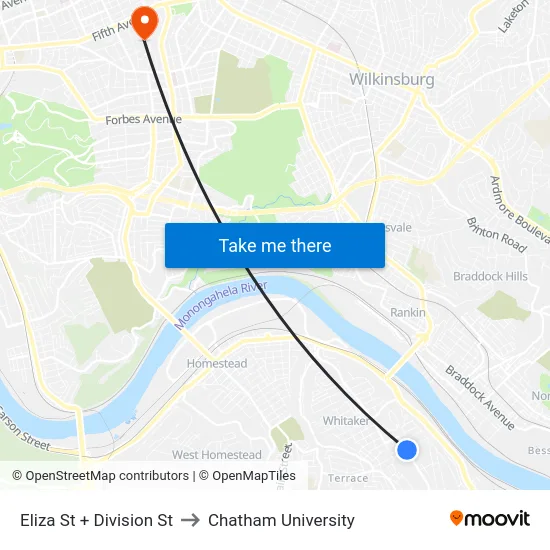 Eliza St + Division St to Chatham University map