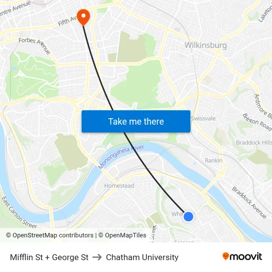 Mifflin St + George St to Chatham University map