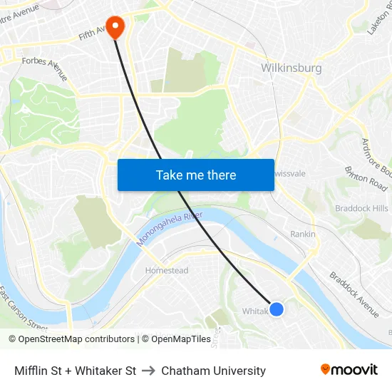 Mifflin St + Whitaker St to Chatham University map
