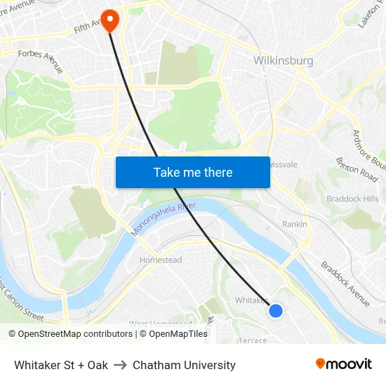 Whitaker St + Oak to Chatham University map