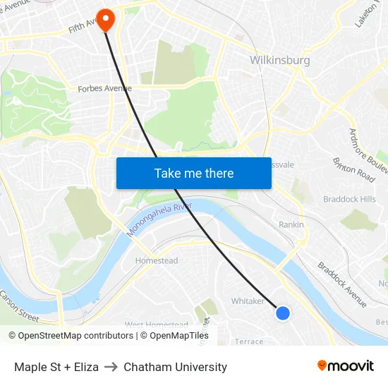 Maple St + Eliza to Chatham University map