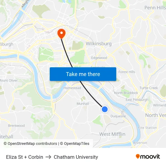 Eliza St + Corbin to Chatham University map