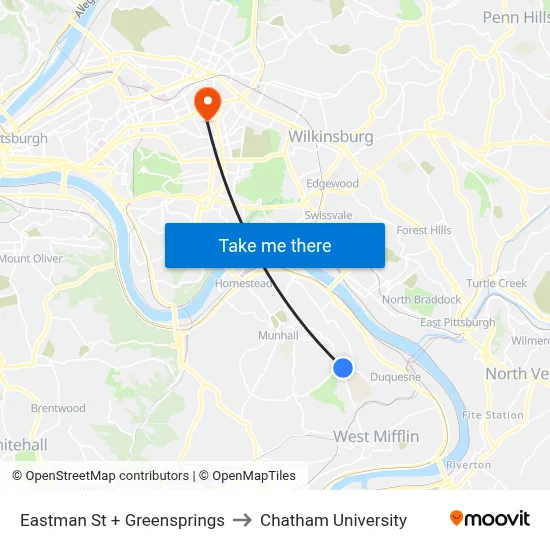 Eastman St + Greensprings to Chatham University map