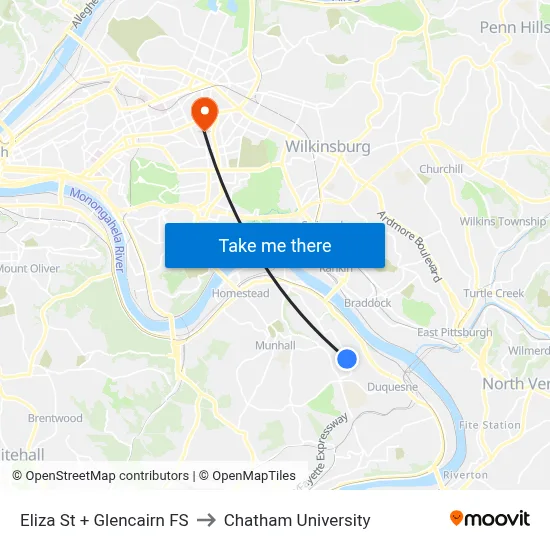 Eliza St + Glencairn FS to Chatham University map