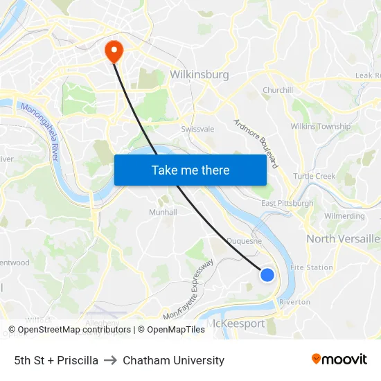 5th St + Priscilla to Chatham University map