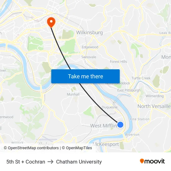 5th St + Cochran to Chatham University map