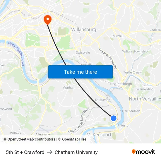 5th St + Crawford to Chatham University map