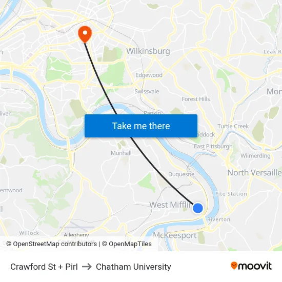 Crawford St + Pirl to Chatham University map