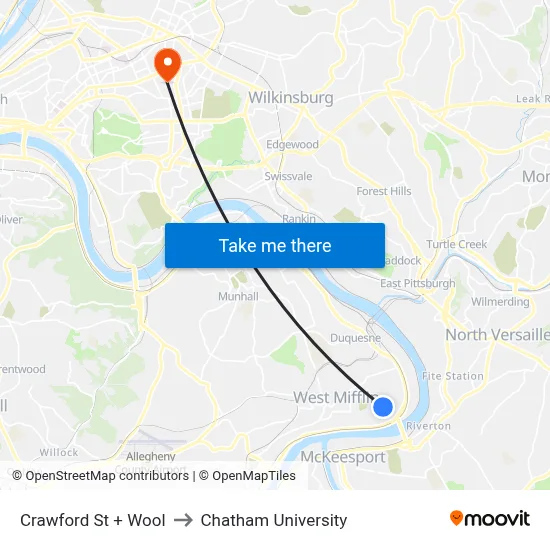 Crawford St + Wool to Chatham University map