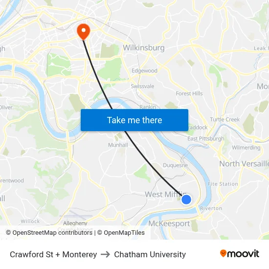 Crawford St + Monterey to Chatham University map