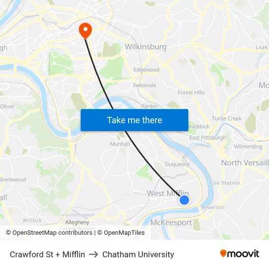 Crawford St + Mifflin to Chatham University map