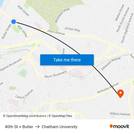 40th St + Butler to Chatham University map