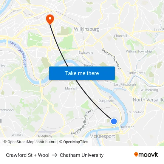 Crawford St + Wool to Chatham University map