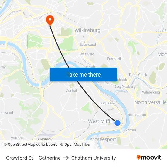 Crawford St + Catherine to Chatham University map