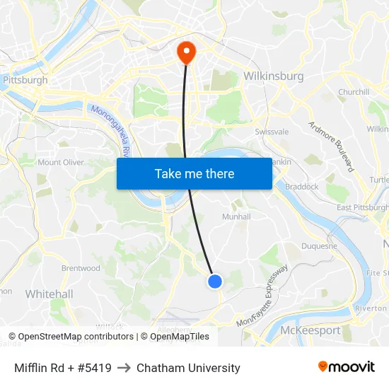 Mifflin Rd + #5419 to Chatham University map