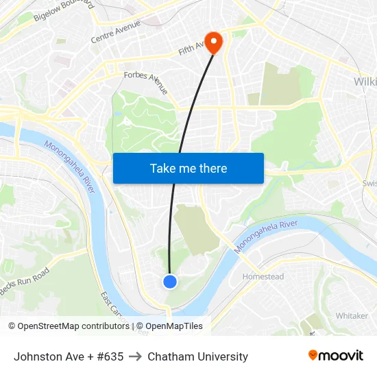 Johnston Ave + #635 to Chatham University map