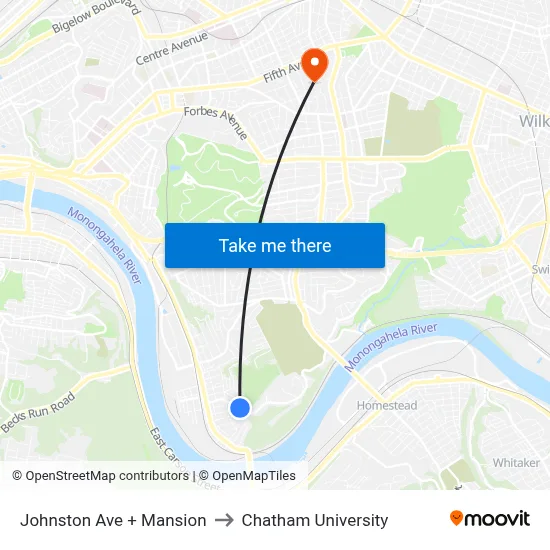 Johnston Ave + Mansion to Chatham University map