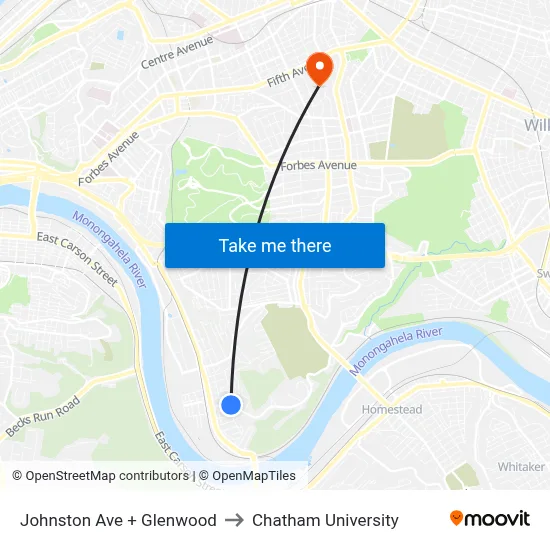 Johnston Ave + Glenwood to Chatham University map
