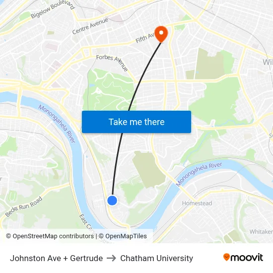 Johnston Ave + Gertrude to Chatham University map