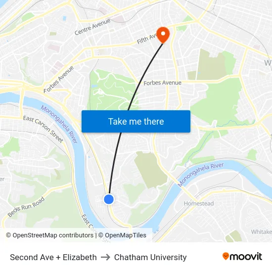 Second Ave + Elizabeth to Chatham University map