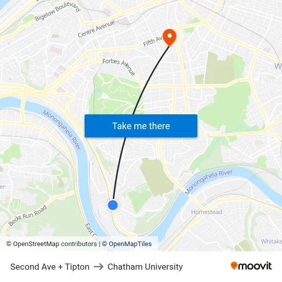 Second Ave + Tipton to Chatham University map