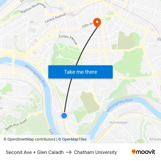 Second Ave + Glen Caladh to Chatham University map