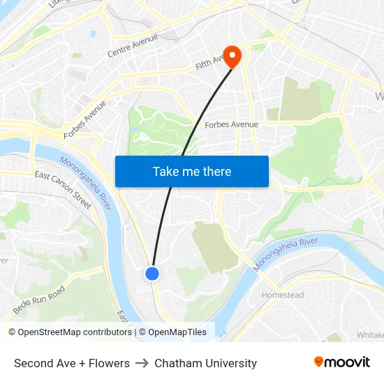 Second Ave + Flowers to Chatham University map