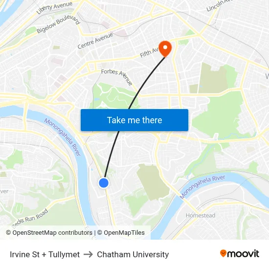 Irvine St + Tullymet to Chatham University map