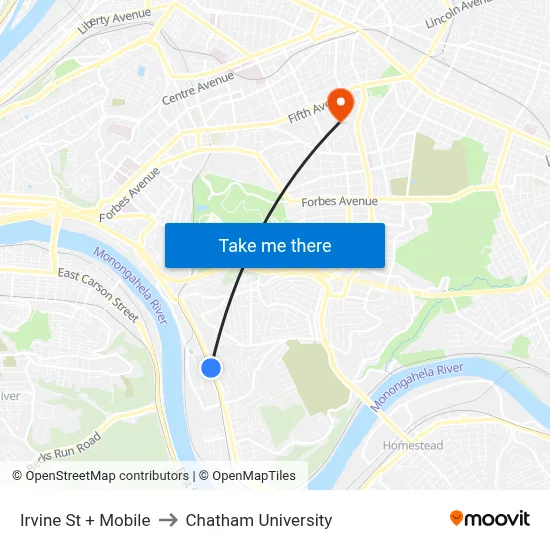 Irvine St + Mobile to Chatham University map