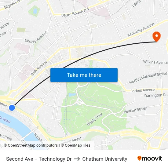 Second Ave + Technology Dr to Chatham University map