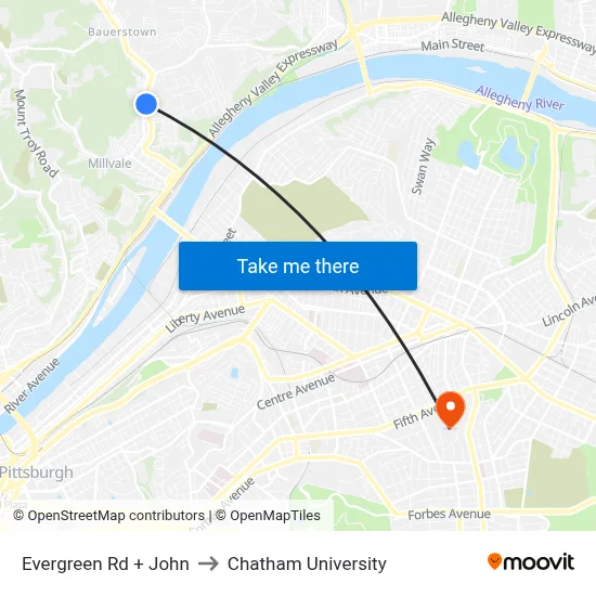 Evergreen Rd + John to Chatham University map