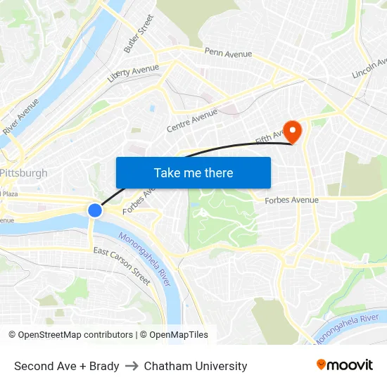 Second Ave + Brady to Chatham University map