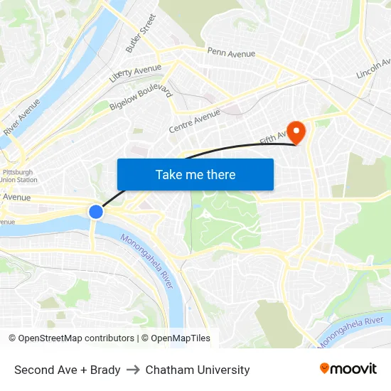 Second Ave + Brady to Chatham University map