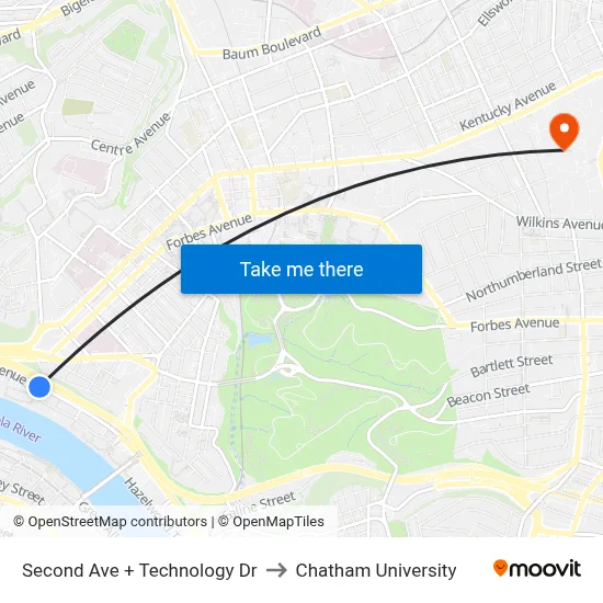Second Ave + Technology Dr to Chatham University map
