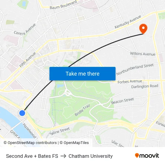 Second Ave + Bates FS to Chatham University map