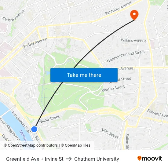 Greenfield Ave + Irvine St to Chatham University map