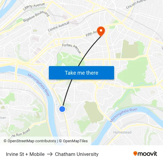 Irvine St + Mobile to Chatham University map