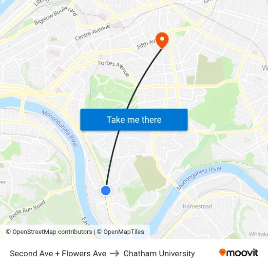 Second Ave + Flowers Ave to Chatham University map