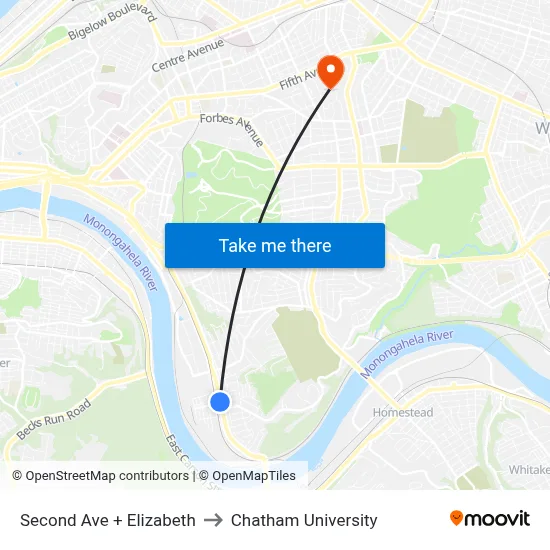 Second Ave + Elizabeth to Chatham University map