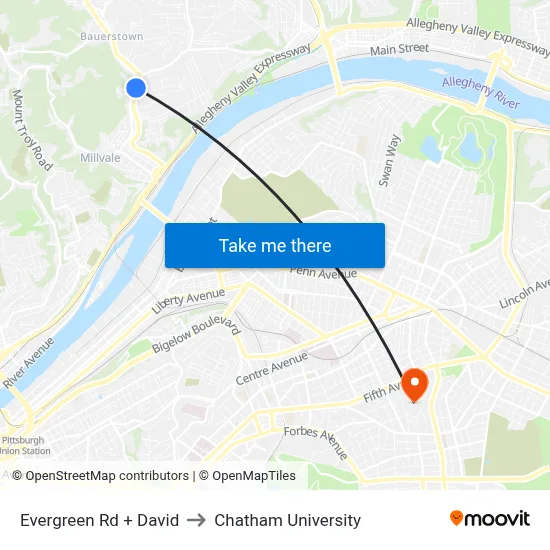 Evergreen Rd + David to Chatham University map