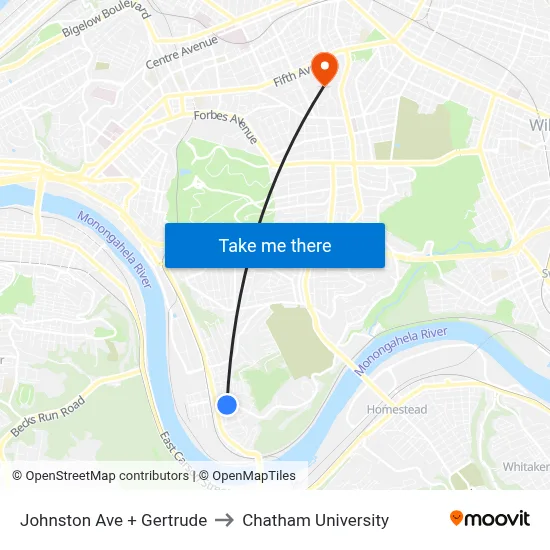 Johnston Ave + Gertrude to Chatham University map