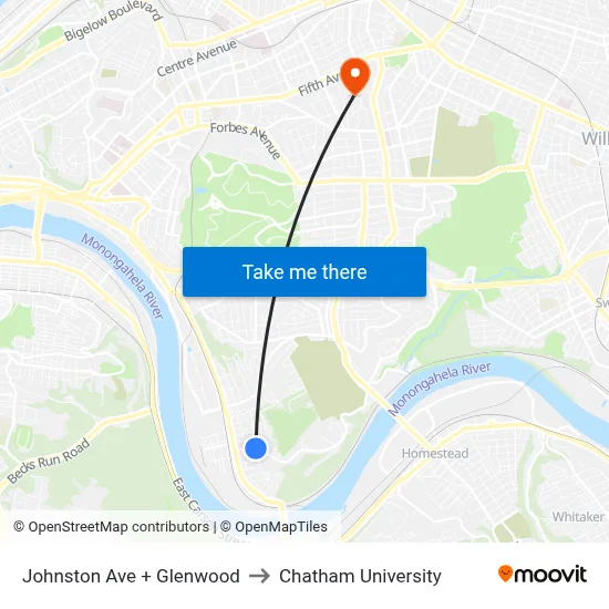Johnston Ave + Glenwood to Chatham University map