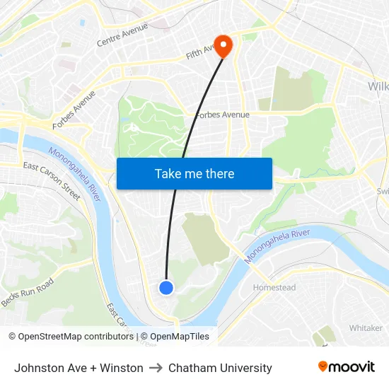 Johnston Ave + Winston to Chatham University map