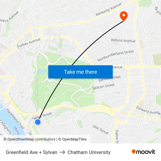 Greenfield Ave + Sylvan to Chatham University map